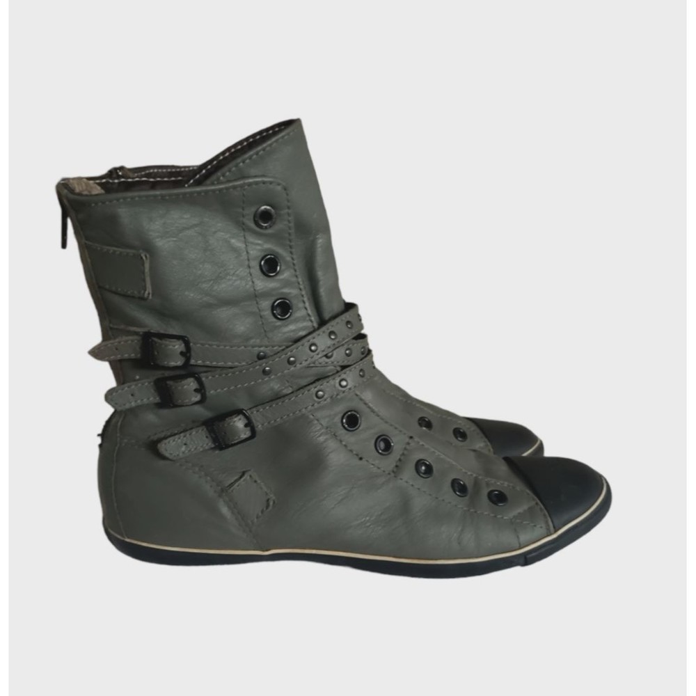 Converse All Star Gray Leather Boots Buckle Zip Up Women's‎ Size 7.5 Slim Heel